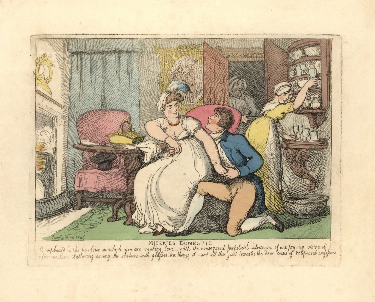 Två älskare i en salong som störs av nyfikna pigor. av Thomas Rowlandson