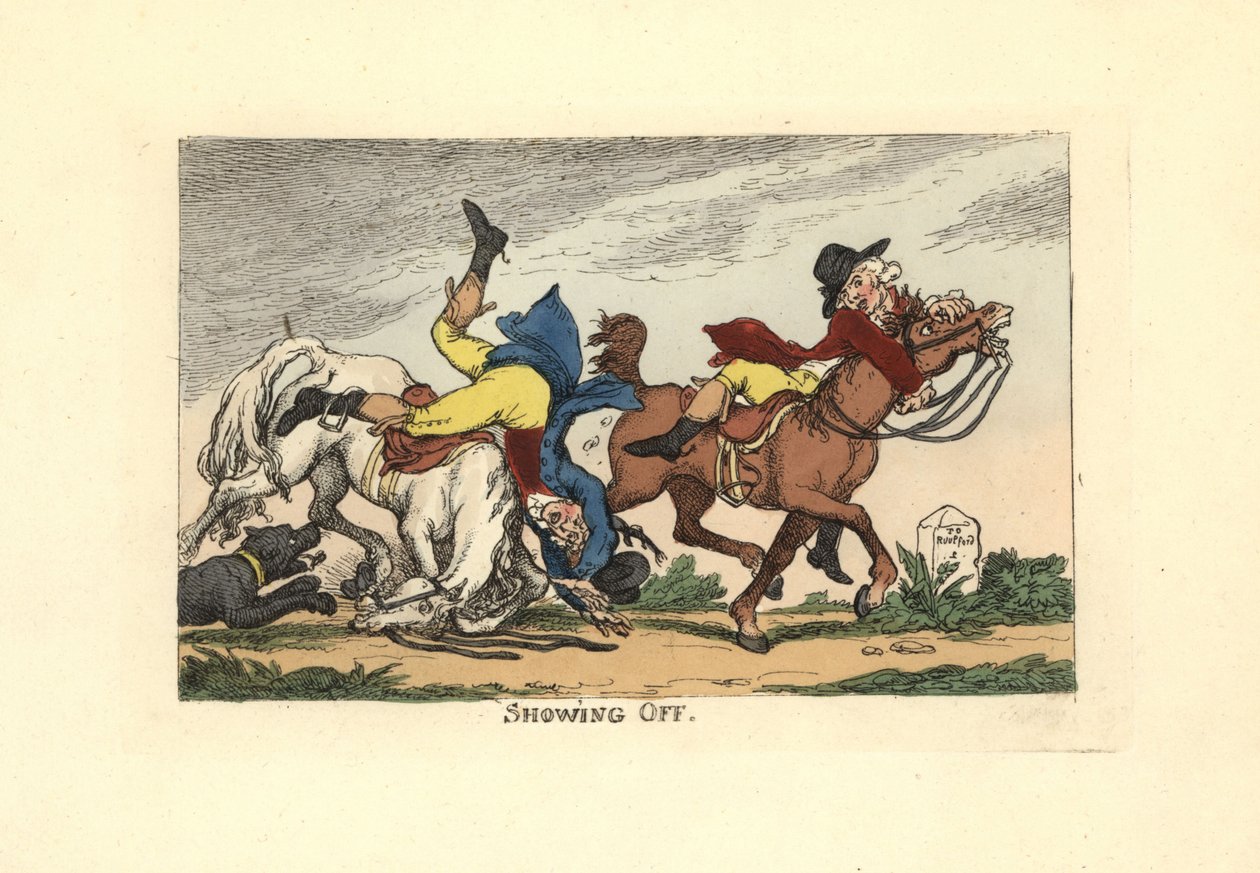 Två män ramlar av sina hästar efter att ha visat upp sig. Skryta. av Thomas Rowlandson