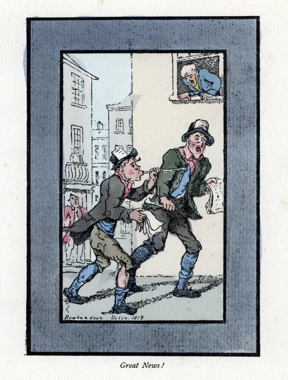 Två tidningsförsäljare med långa visselpipor som säljer tidningar på en gata i London. Trägravyr, baserad på en målning av Thomas Rowlandson (1756-1827), publicerad i The Cris of London: med sex charmiga barn och nästan 40 illustrationer, av Andrew Tuer, av Thomas Rowlandson