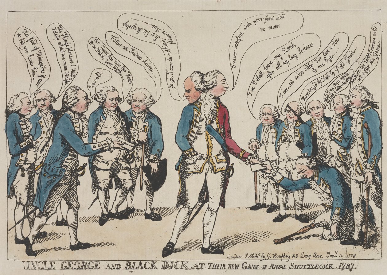 Farbror George och Black Dick i sin nya omgång av ”Naval Shuttlecock” av Thomas Rowlandson