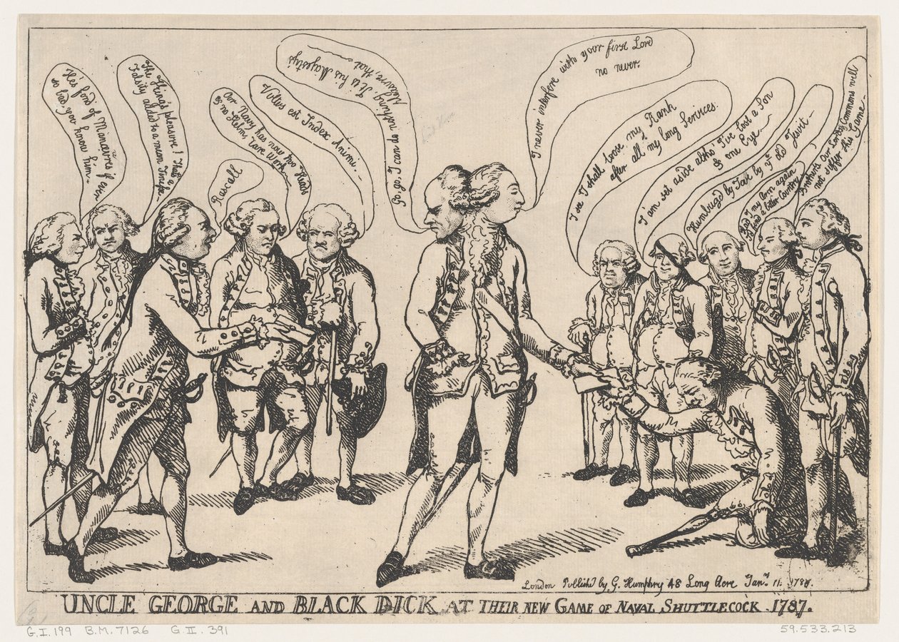 Farbror George och Black Dick vid deras New Game of Naval Shuttlecock, 11 januari..., 11 januari 1787. av Thomas Rowlandson