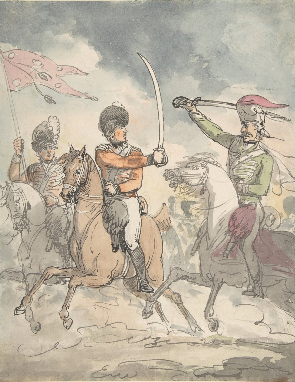 Oanvänd studie för en tallrik till Ungerska och Highland Broadsword Exercise 12 februari 1799, ca 1799. av Thomas Rowlandson.