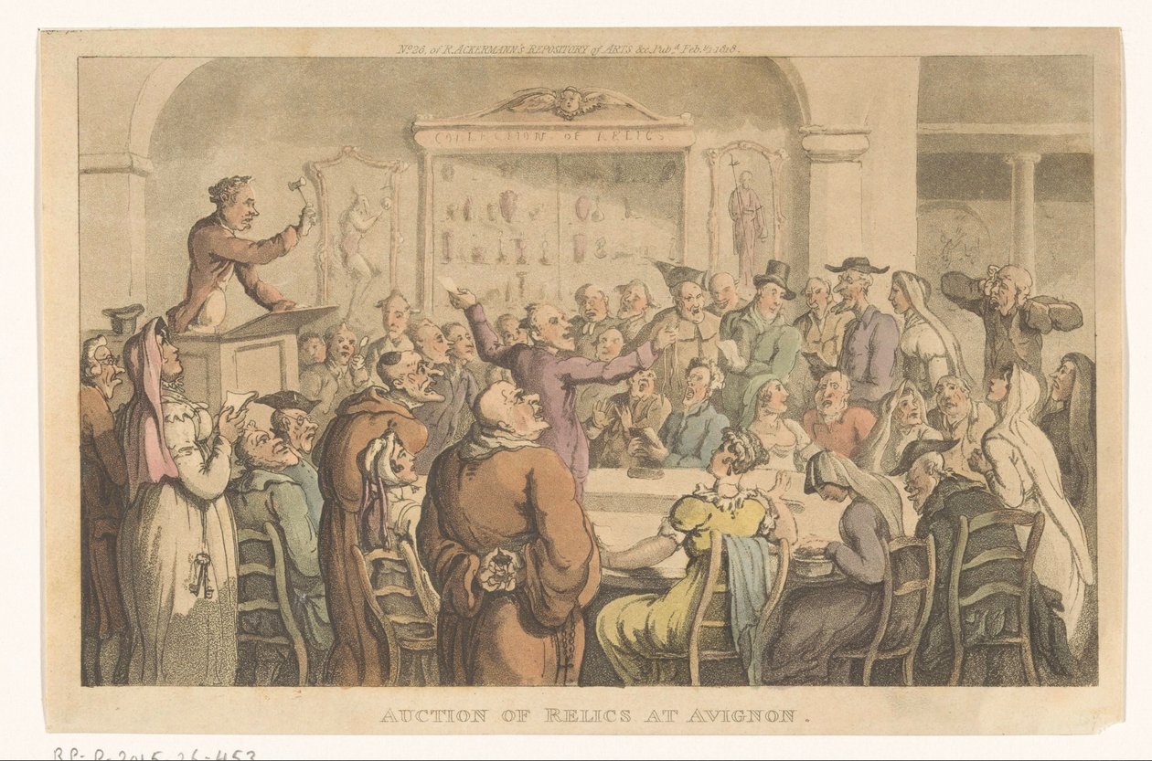 Veiling van relieken te Avignon Auktion av reliker i Avignon (titel på objekt) av Thomas Rowlandson