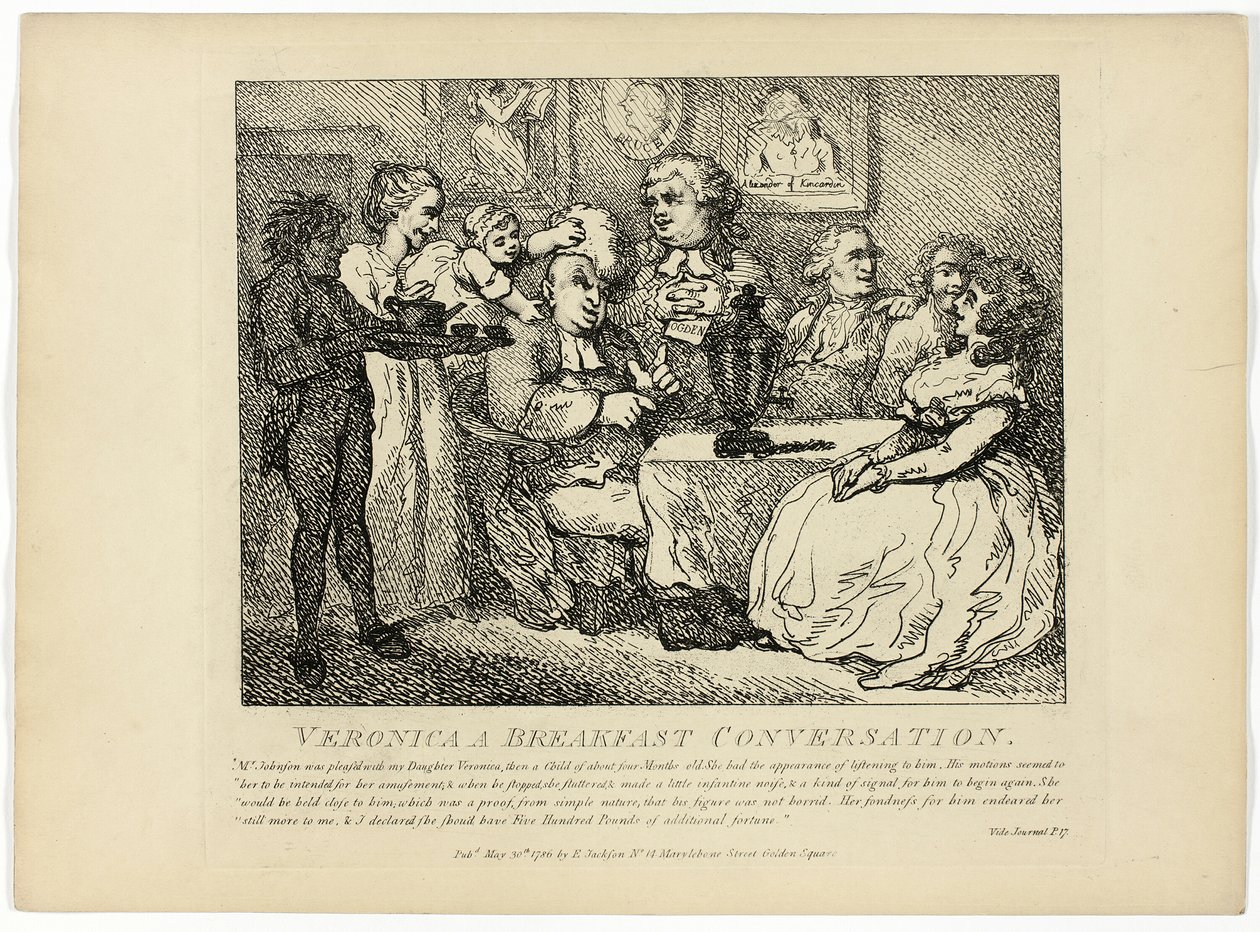 Veronica En frukostkonversation, från Boswells resa till Hebriderna av Thomas Rowlandson