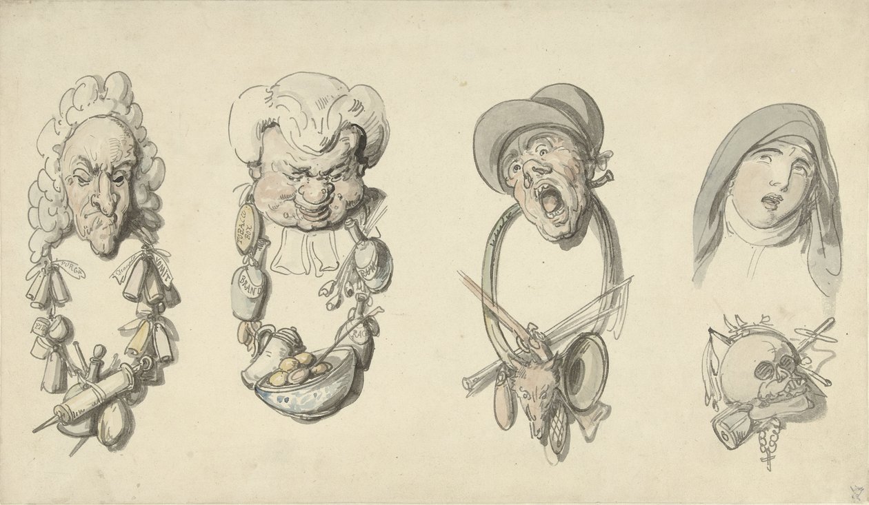 Fyra karikatyrliknande rubriker av Thomas Rowlandson