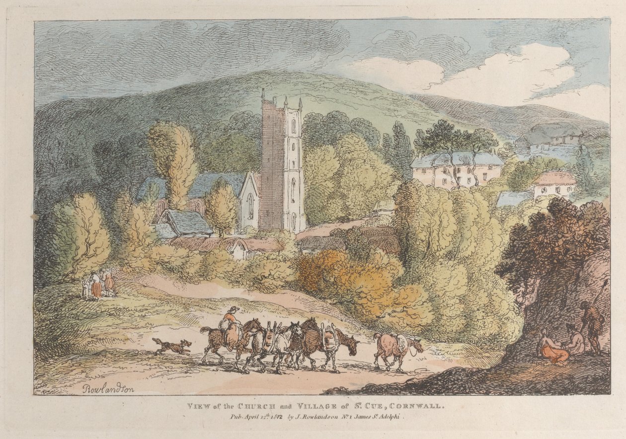 Utsikt över kyrkan och byn St. Cue, Cornwall, från Views in Cornwall, A..., 12 april 1812. av Thomas Rowlandson
