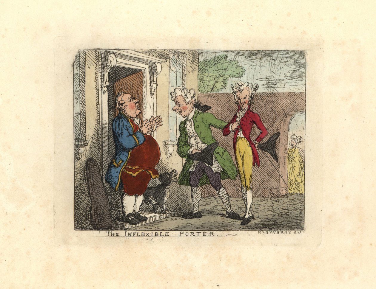 Besökande herrar vägrade tillträde till ett hus av en tjänare. av Thomas Rowlandson