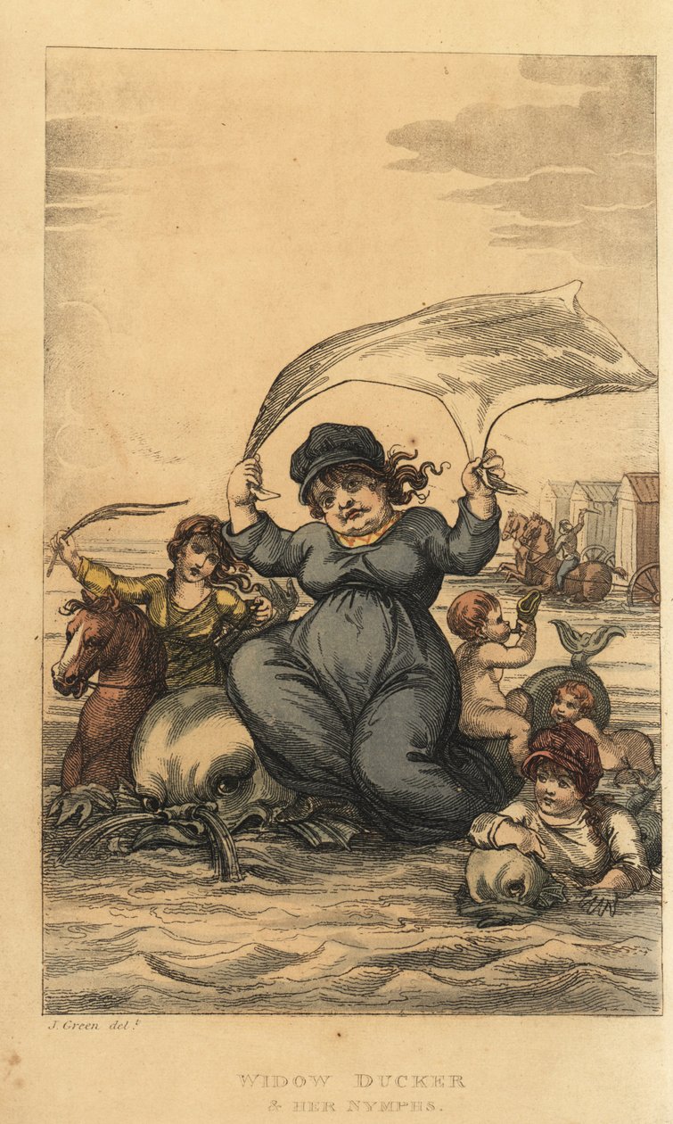 Änkan Ducker och hennes nymfer. Kvinna och barn som badar i havet med delfiner och badmaskiner. Handkolorerad kopparstick av Thomas Rowlandson efter en skiss av J. Green från Poetical Sketches of Scarborough, Ackermann, London av Thomas Rowlandson