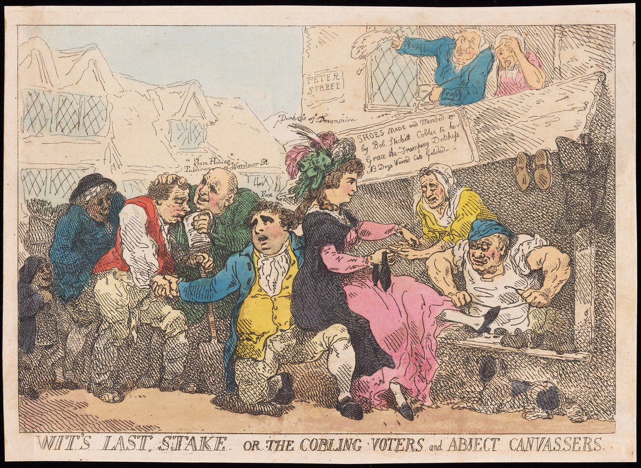 Wits Last Stake, eller The Cobling Voters and Abject Canvassers, pub. (handfärgad gravyr) av Thomas Rowlandson