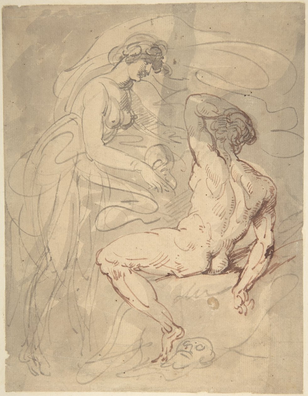 Kvinna som pratar med en sittande manlig nakenmodell av Thomas Rowlandson