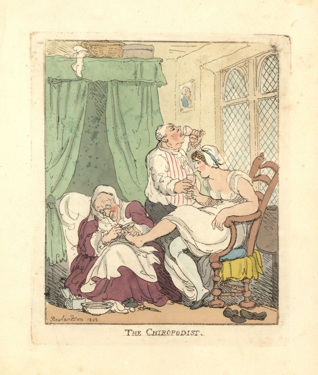 Kvinna som får sina fötter smärtsamt behandlade av en fotterapeut. av Thomas Rowlandson