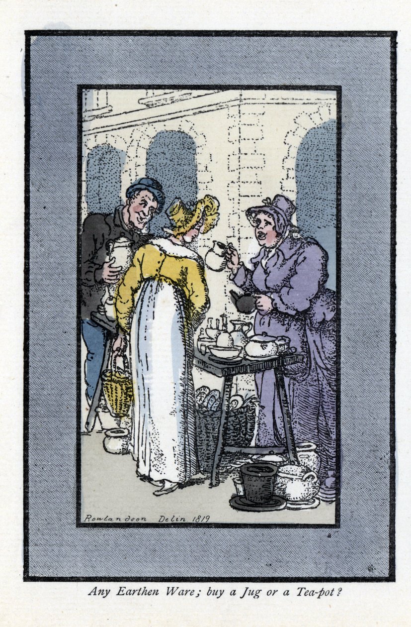 Kvinna som säljer kannor, tekannor och skålar har ett gathörn. En elegant ung kvinna tittar på varorna. Trägravyr, baserad på en målning av Thomas Rowlandson (1756-1827), publicerad i The Cris of London: med sex charmiga barn och nästan 40 illust. av Thomas Rowlandson
