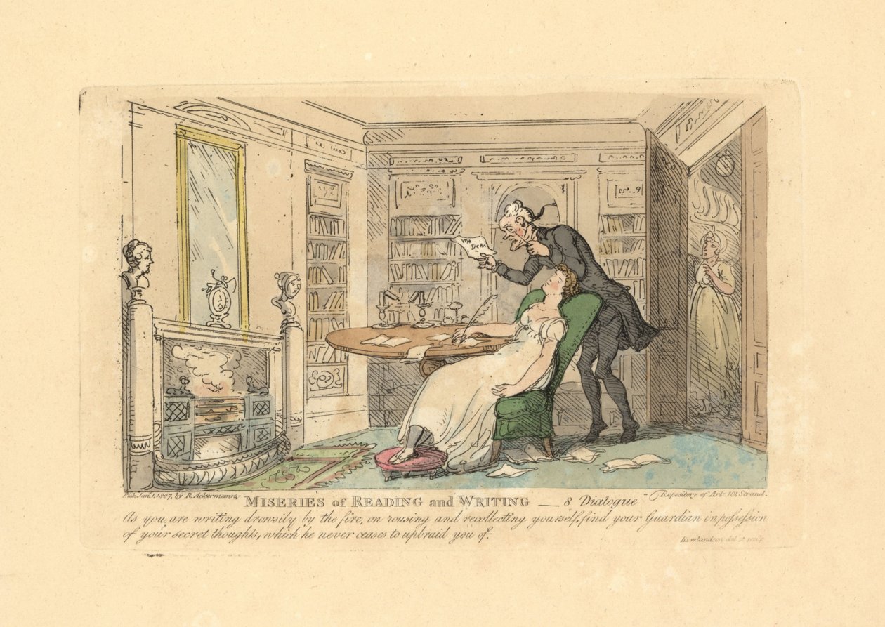 Kvinna som sover vid ett skrivbord medan en man läser hennes hemliga tankar. av Thomas Rowlandson