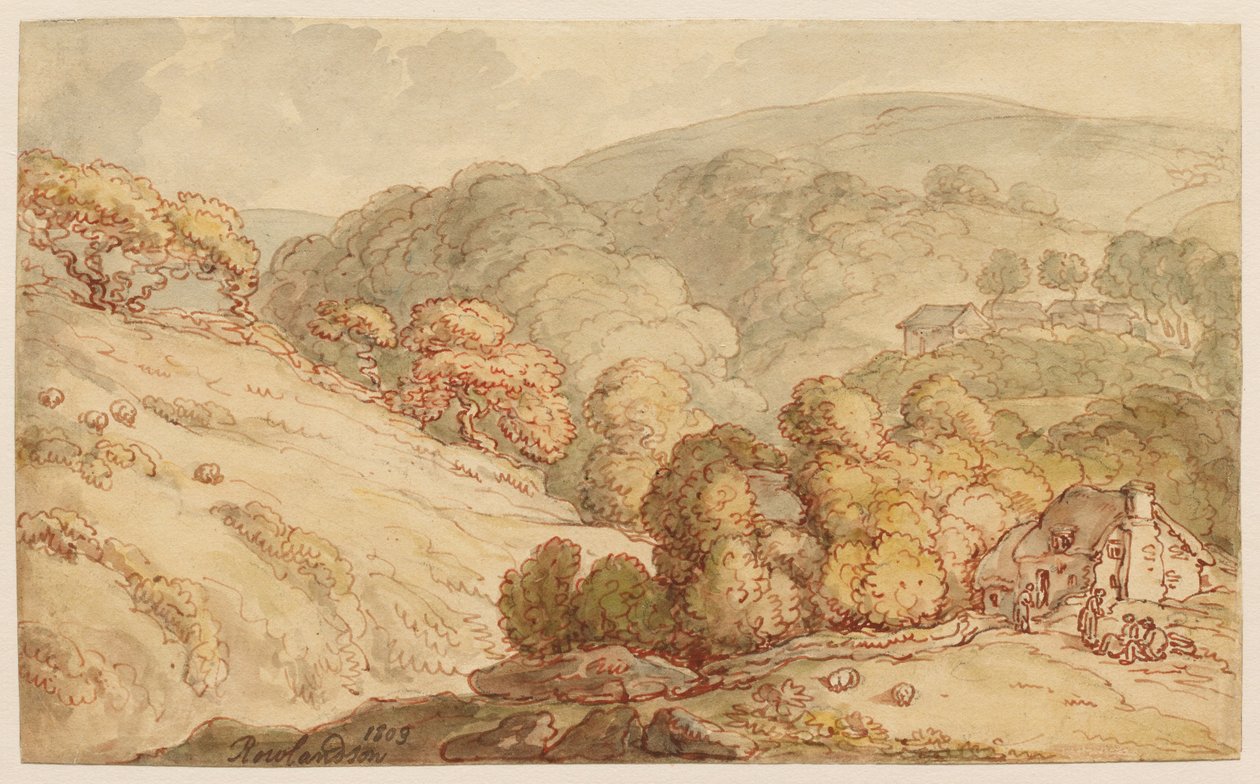 Skogbevuxet kuperat landskap med stuga och figurer av Thomas Rowlandson