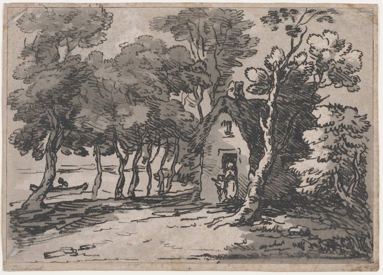 Skogbevuxen scen med figurer vid dörren till en stuga, 1783-88., 1783-88. av Thomas Rowlandson