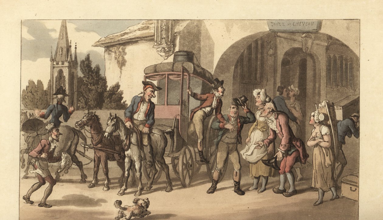 Ung engelsk gentleman som anländer till ett franskt posthus av Thomas Rowlandson