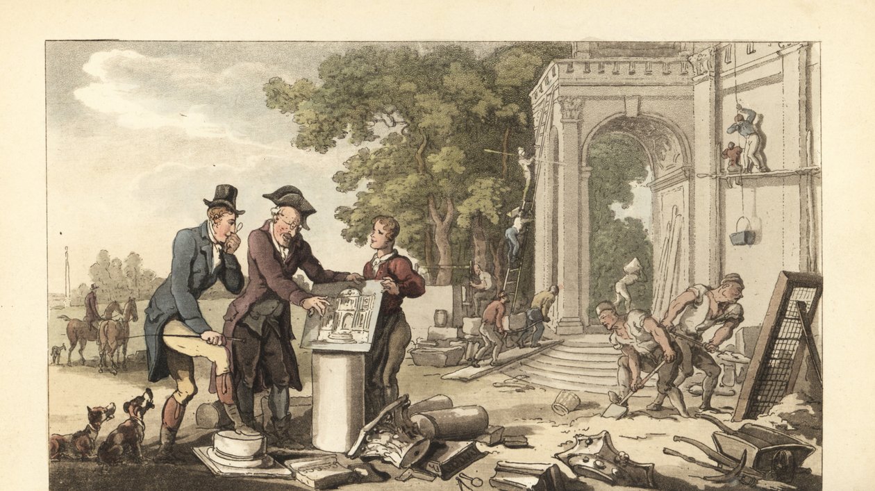 Ung engelsk gentleman som bygger ett ståtligt hem av Thomas Rowlandson