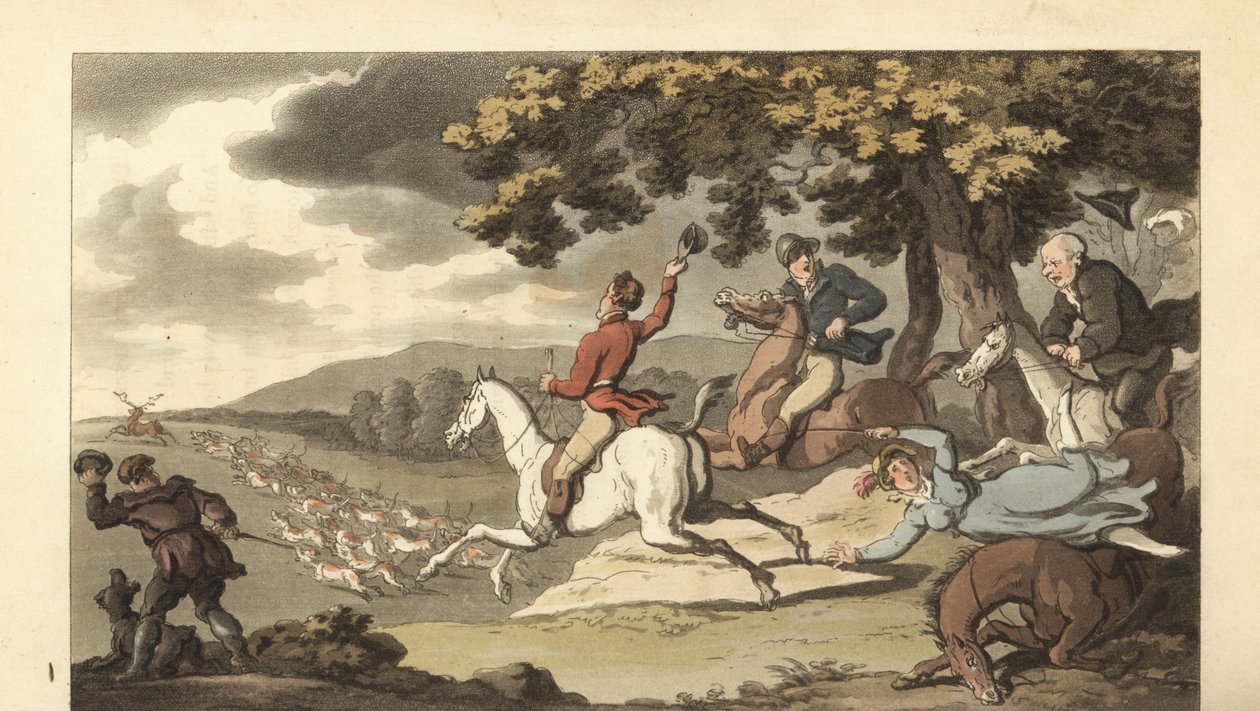 Ung engelsk gentleman rider med hundar i en svensexa jakt av Thomas Rowlandson