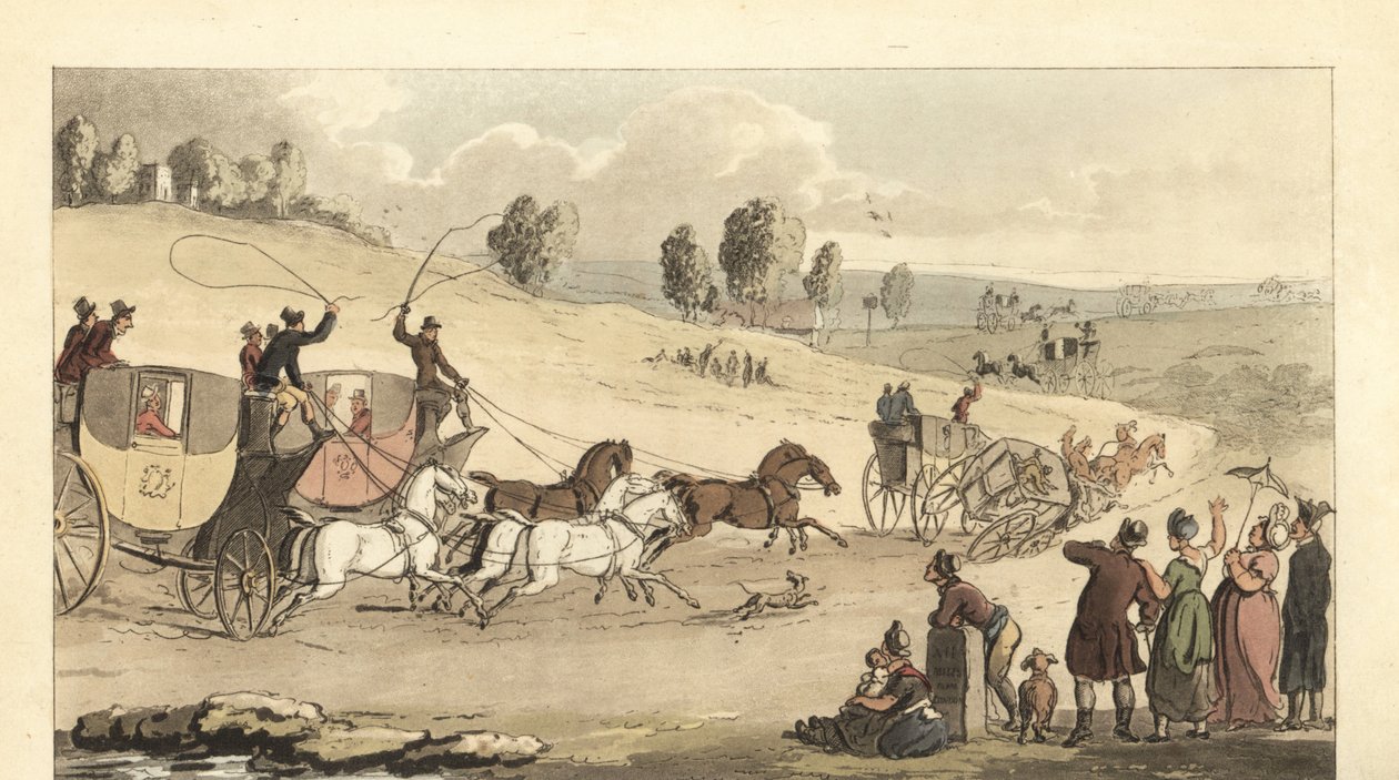 Unga engelska herrar som tävlar med fyra hästars vagnar på en väg av Thomas Rowlandson