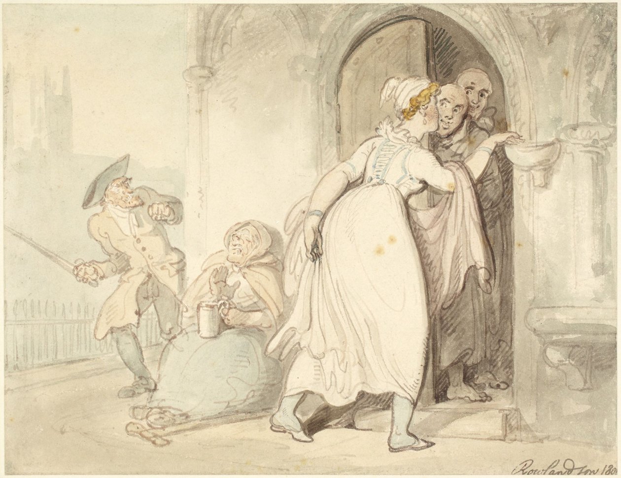Ung kvinna vid kyrkdörren eller vid bikten av Thomas Rowlandson