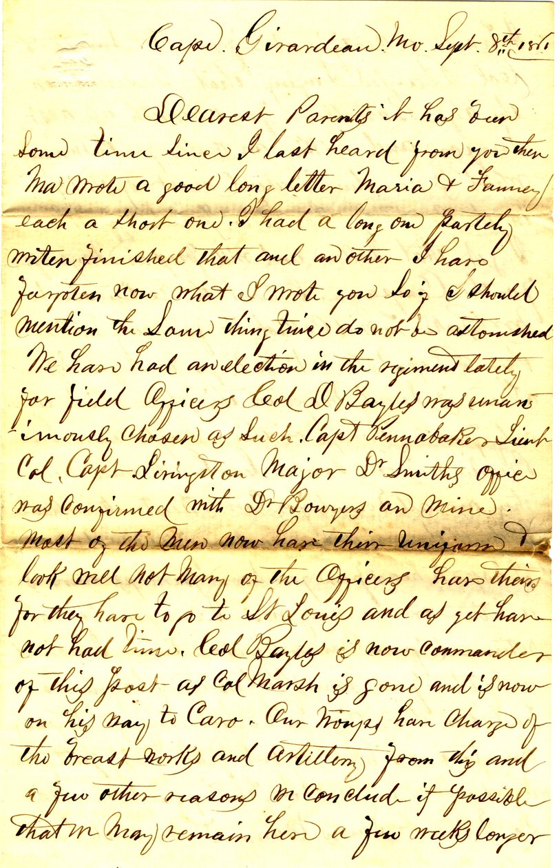 Letter signed T.S. Hawley, Cape Girardeau, Missouri, to parents, September 8, 1861 av Thomas S. Hawley