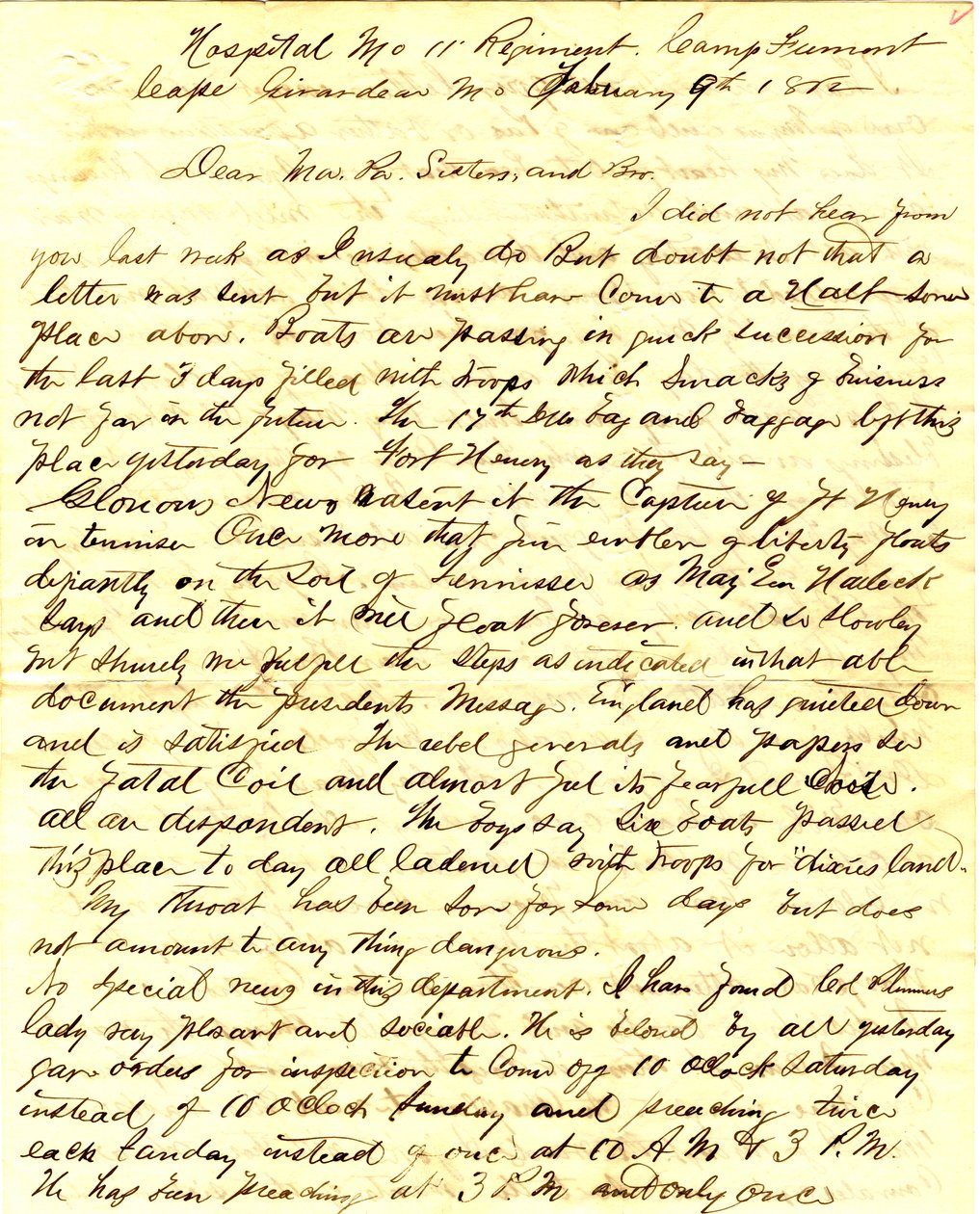 Letter signed T.S. Hawley, Hospital 11th Missouri Infantry, Camp Fremont, Cape Girardeau, to family, February 9, 1862 av Thomas S. Hawley