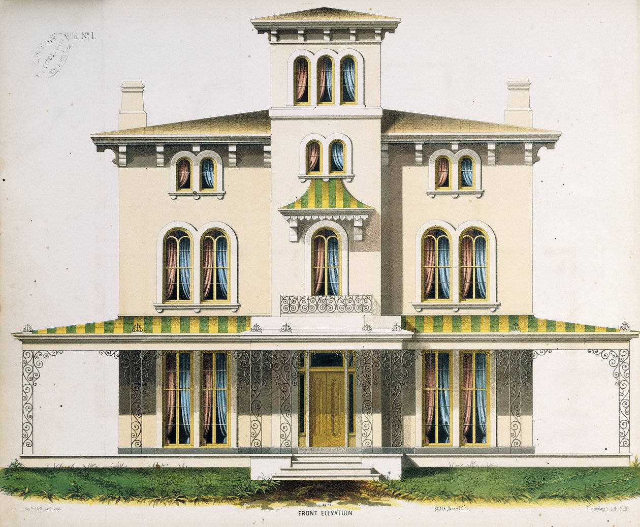 Främre höjd för villa nr 1, från "Arkitektoniska mönster för modellbostäder på landet" av Thomas S. Sinclair