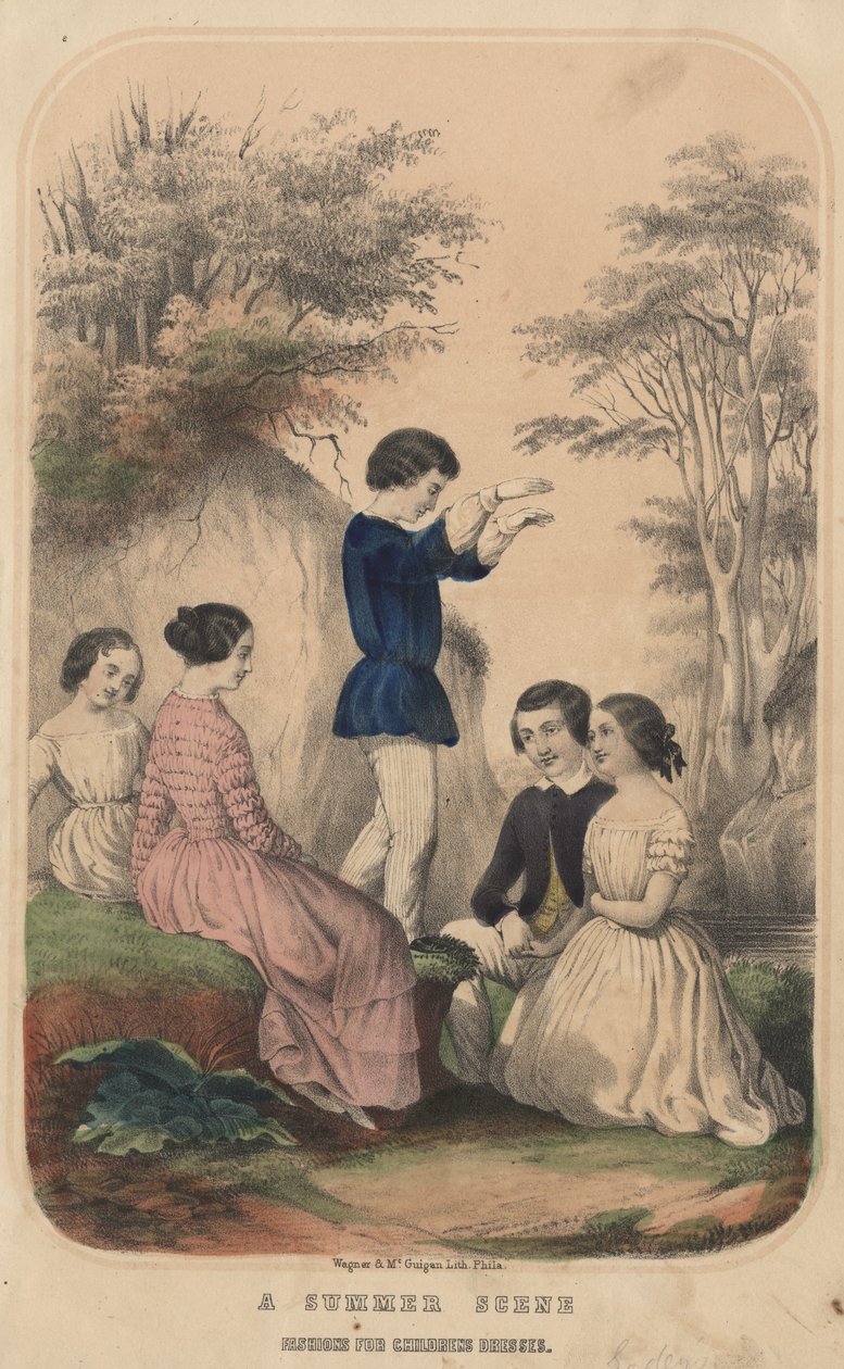 En sommarscen, mode för barnklänningar, litho av Wagner och McGuigan, 1850 av Thomas S. Wagner
