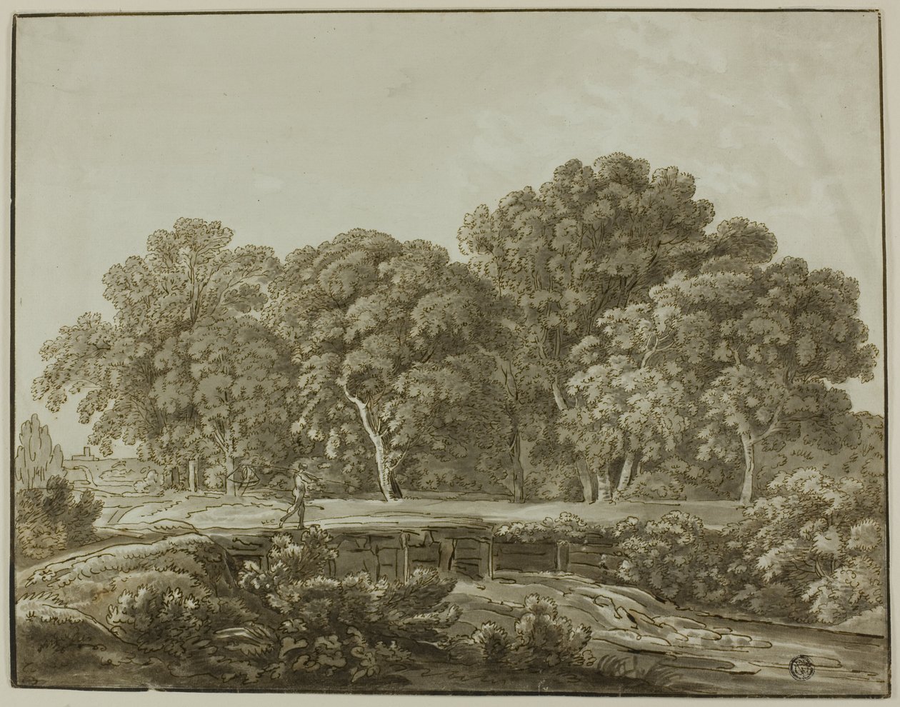 Landskap med figur som korsar bron över ström av Thomas Sandby