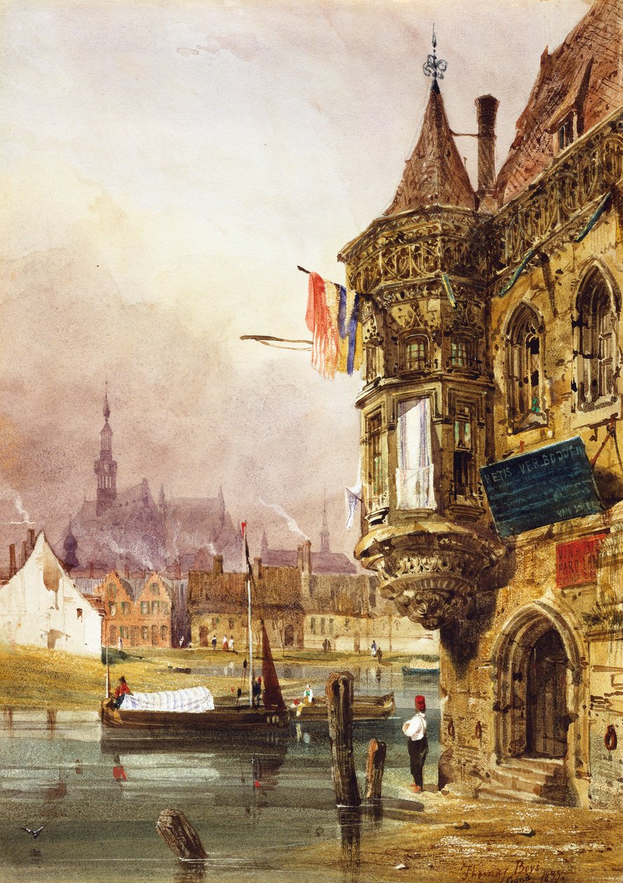 En figur bredvid en byggnad, Gent, med pråmar på floden Leye bortom, 1833 av Thomas Shotter Boys