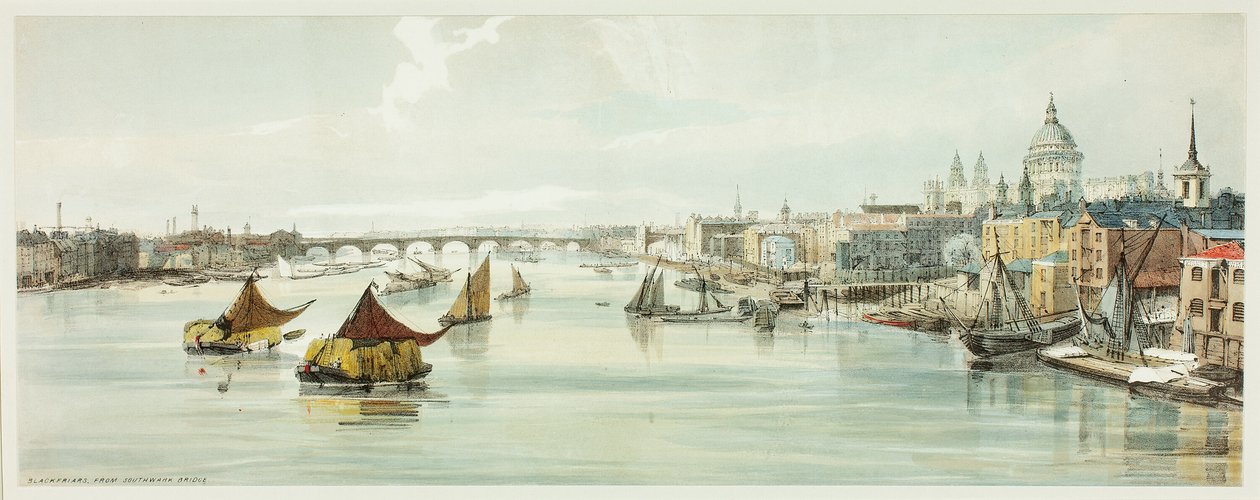 Blackfriars, från Southwark Bridge, tallrik sex från Original Views of London as It Is av Thomas Shotter Boys