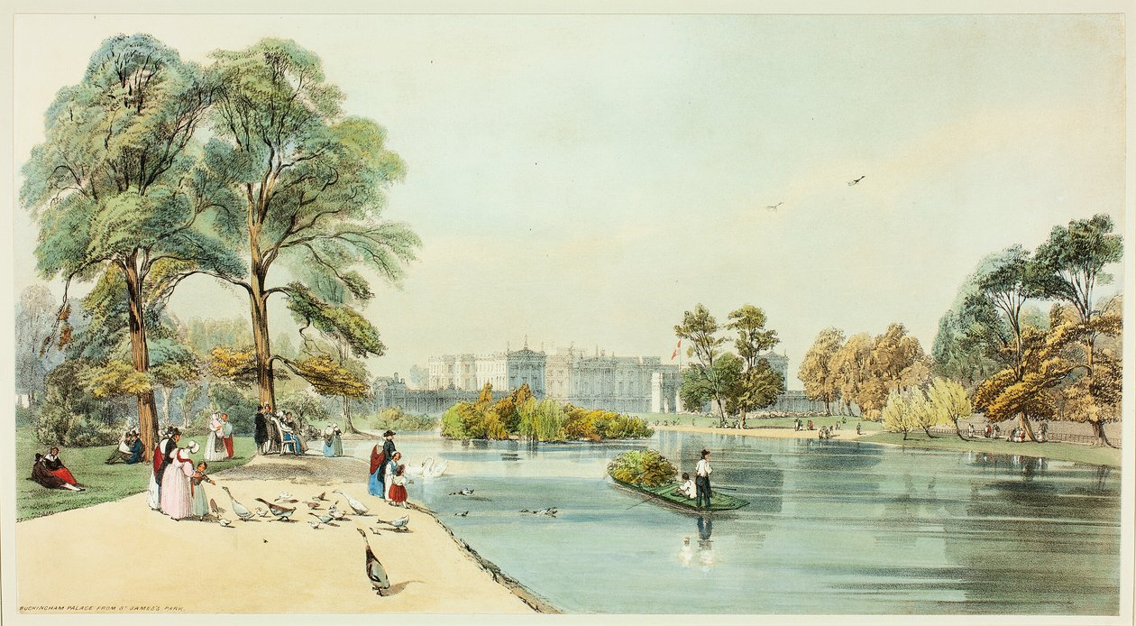 Buckingham Palace från St.James Park, tallrik elva från Original Views of London as It Is av Thomas Shotter Boys