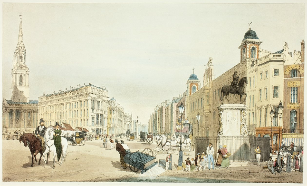 Inträde till The Strand från Charing Cross, skylt tjugo från Original Views of London as It Is av Thomas Shotter Boys