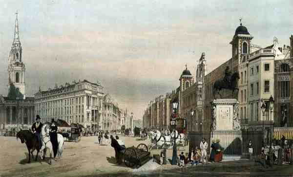 Inträde till Stranden från Charing Cross, från "London As It Is", graverad och pub. av konstnären av Thomas Shotter Boys