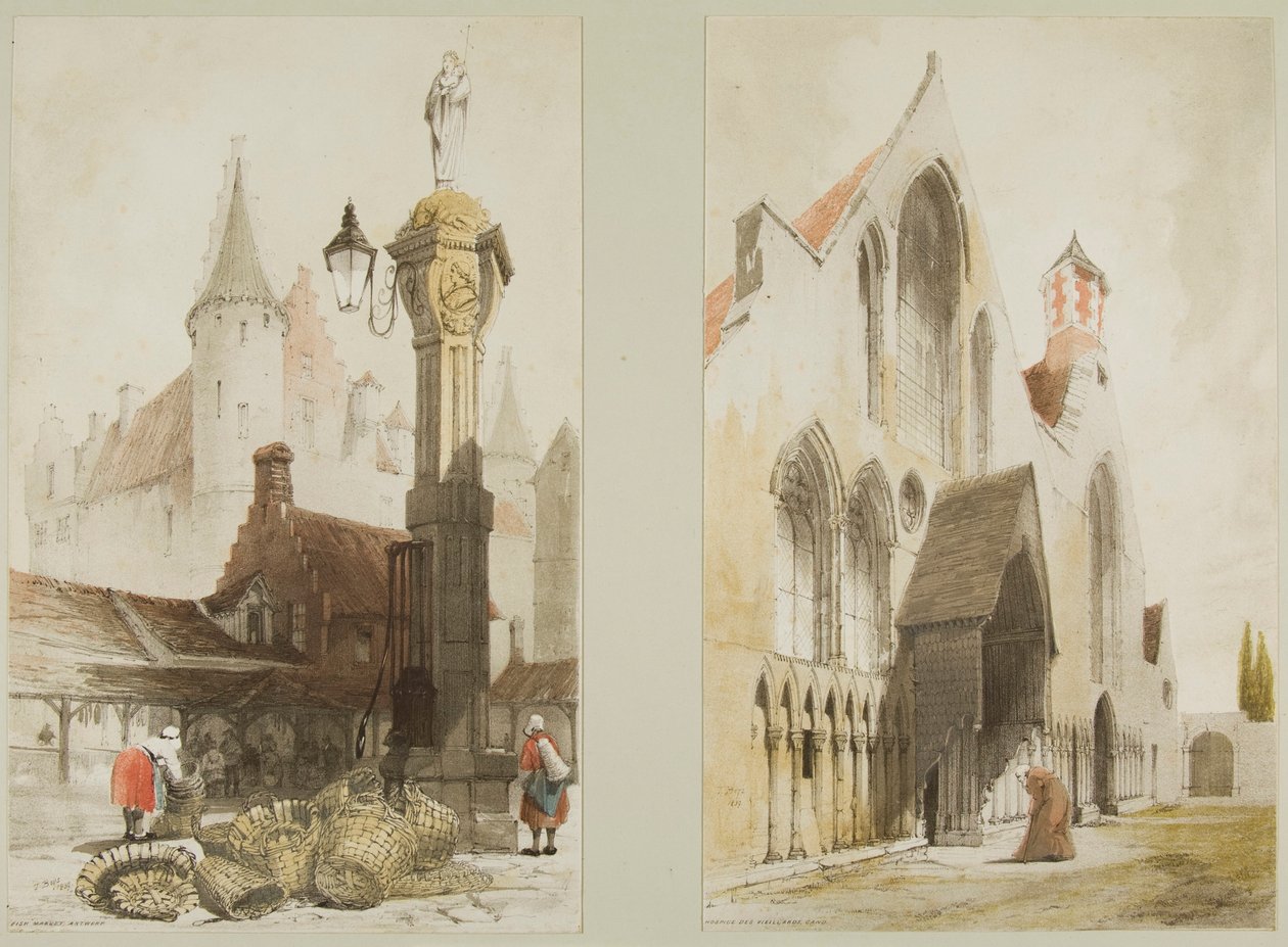 Fiskmarknad, Antwerpen och Hospice des Vieillards, Cand, från pittoresk arkitektur i Paris, Gent, Antwerpen, Touen, etc. av Thomas Shotter Boys