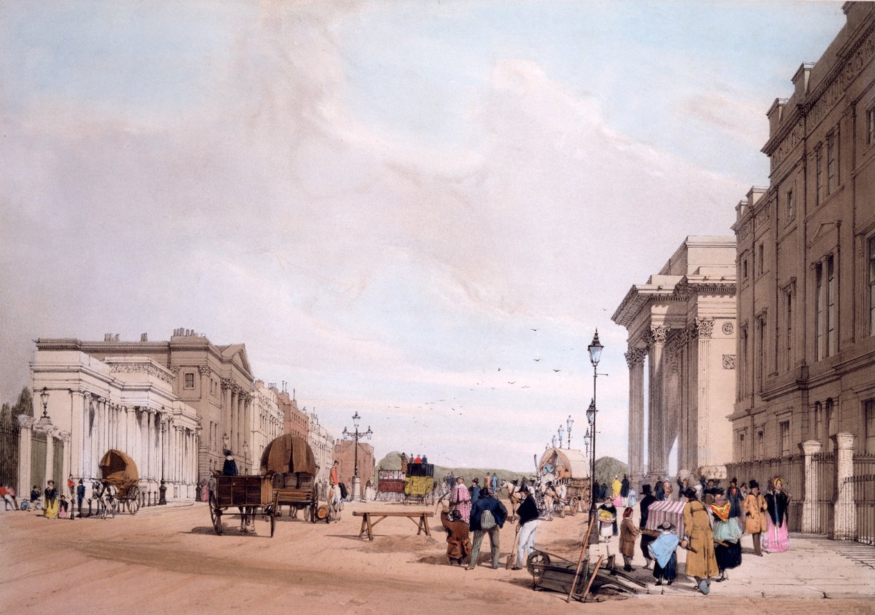 Hyde Park Corner, tittar ner för Piccadilly, från "London as it is Drawn from Nature" 1842 av Thomas Shotter Boys