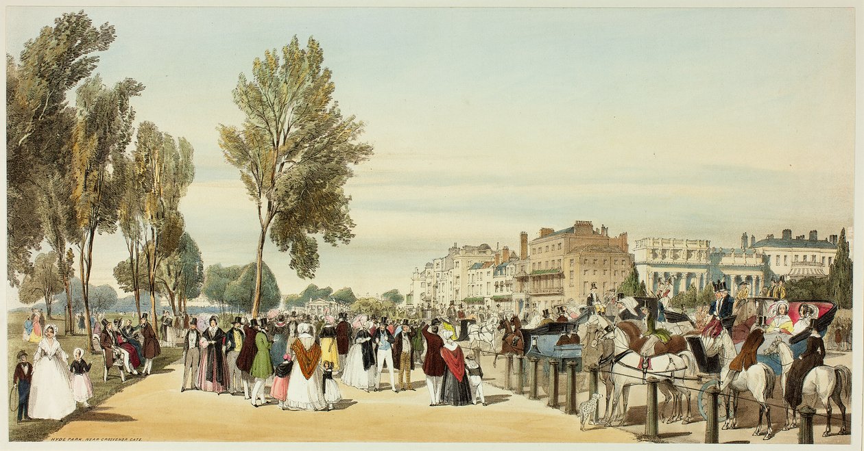 Hyde Park nära Grosvenor Gate, skylt sexton från Original Views of London as It Is av Thomas Shotter Boys