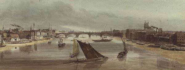 London Bridge från Southwark Bridge (monument till vänster) av Thomas Shotter Boys
