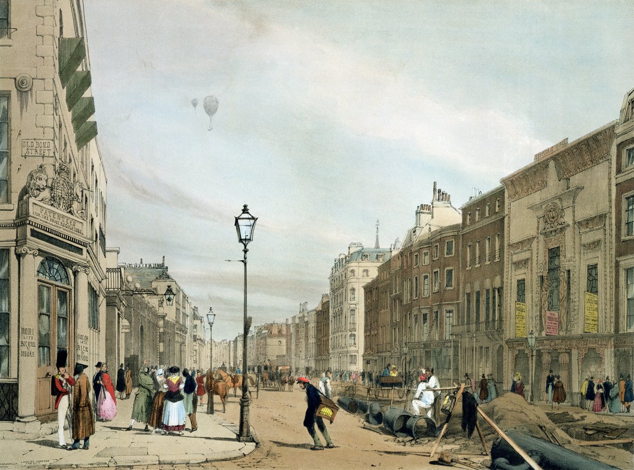 Piccadilly från hörnet av Old Bond Street, från "London As It Is", graverad och utgiven av konstnären. av Thomas Shotter Boys