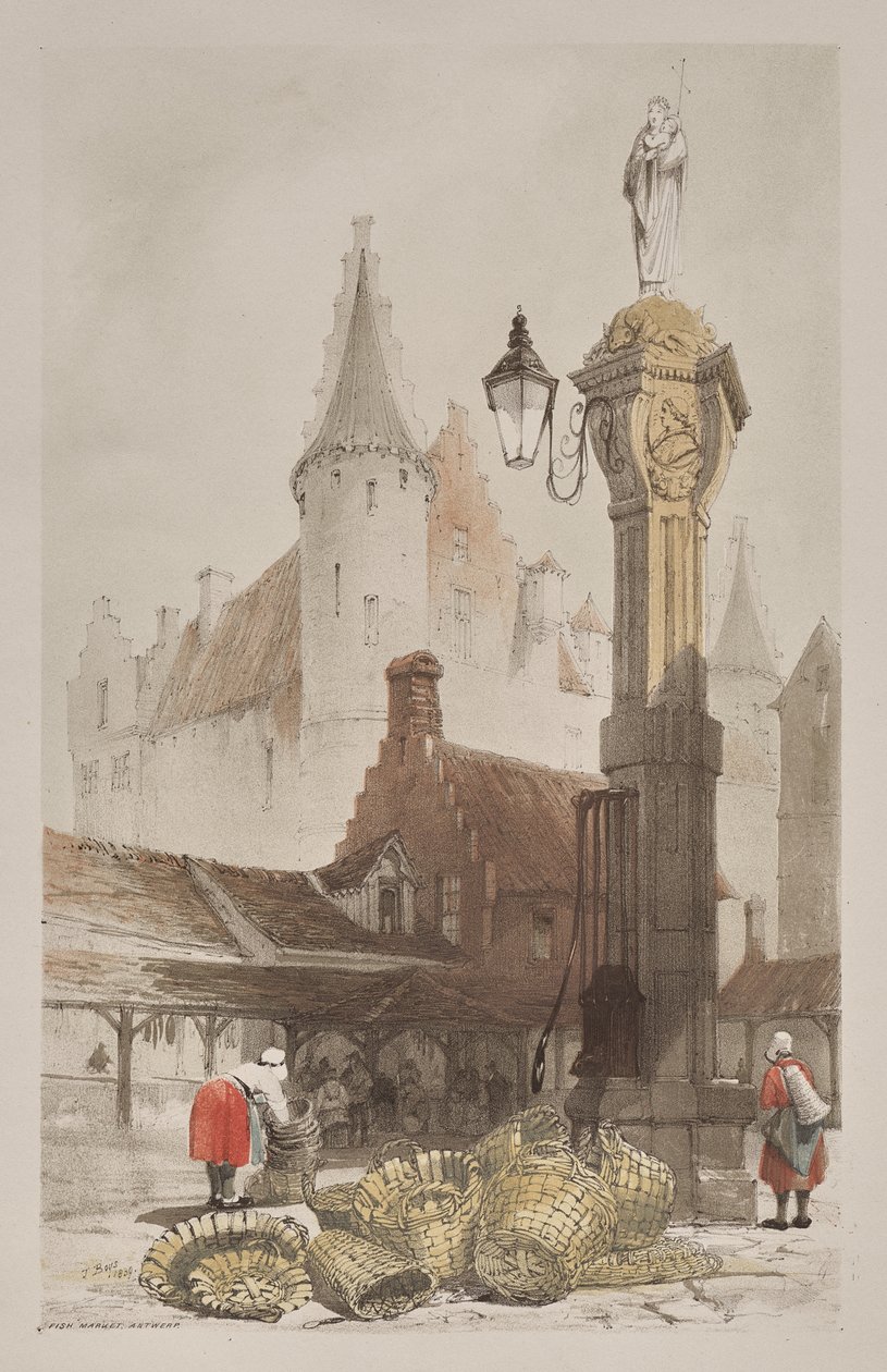 Pittoresk arkitektur i Paris, Gent, Antwerpen, Rouen: Fiskmarknad, Antwerpen, Belgien av Thomas Shotter Boys