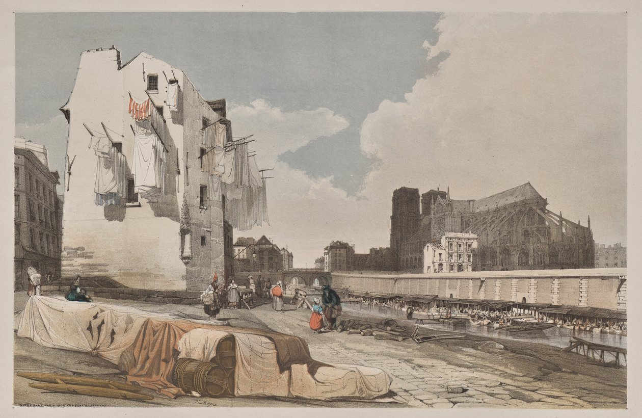 Pittoresk arkitektur i Paris, Gent, Antwerpen, Rouen: Nôtre Dame, Paris, från Quai St. Bernard av Thomas Shotter Boys