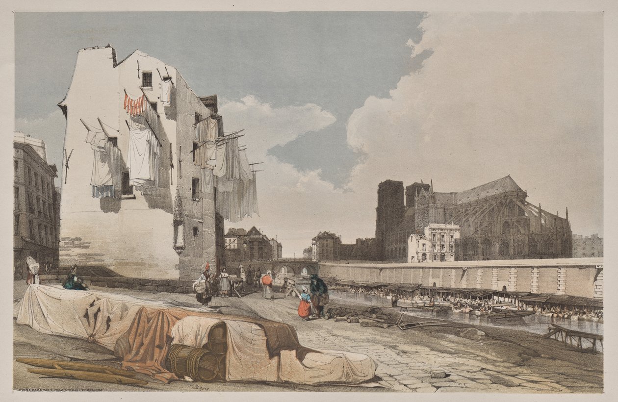 Pittoresk arkitektur i Paris, Gent, Antwerpen, Rouen: Nôtre Dame, Paris, från Quai St. Bernard av Thomas Shotter Boys