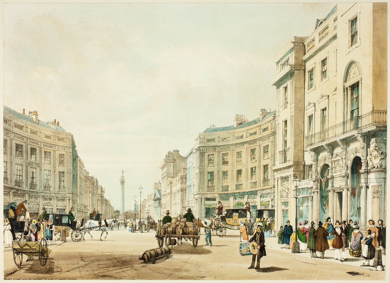 Regent Street med utsikt mot Duke of Yorks kolonn, plansch tolv från Originalvyer över London som det är av Thomas Shotter Boys