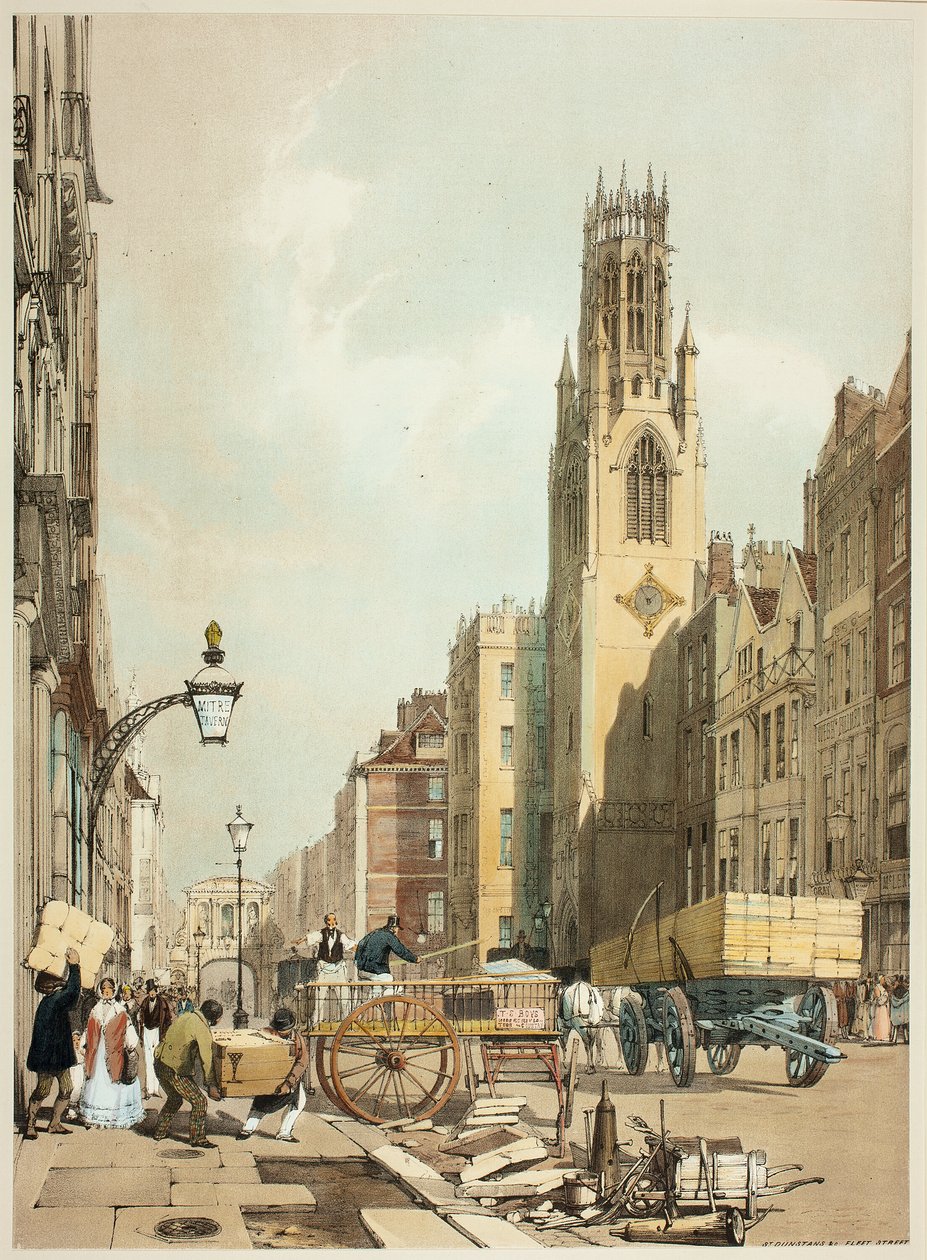 St. Dunstans Fleet Street, skylt 23 från Original Views of London as It Is av Thomas Shotter Boys