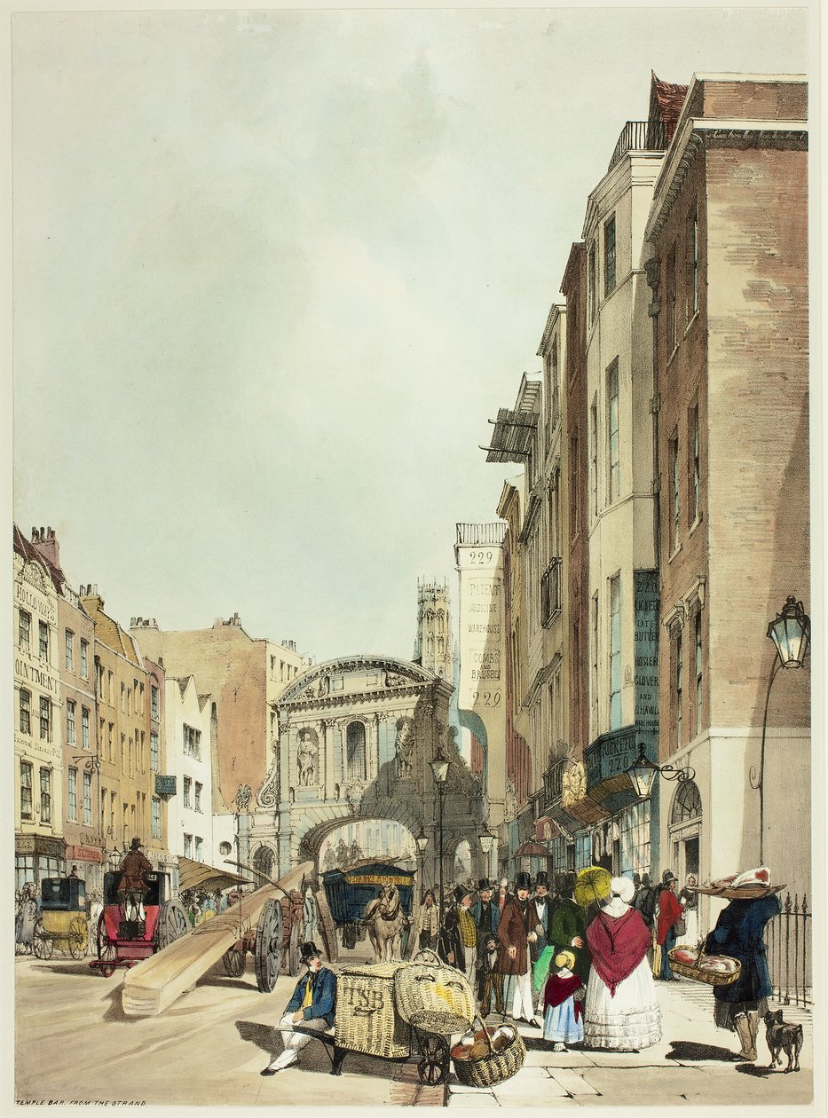 Temple Bar från The Strand, tallrik 22 från Original Views of London as It Is av Thomas Shotter Boys