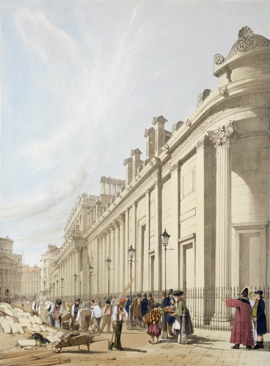 The Bank of England med utsikt mot Mansion House, från "London As It Is", graverad och utgiven av konstnären, 1842. av Thomas Shotter Boys