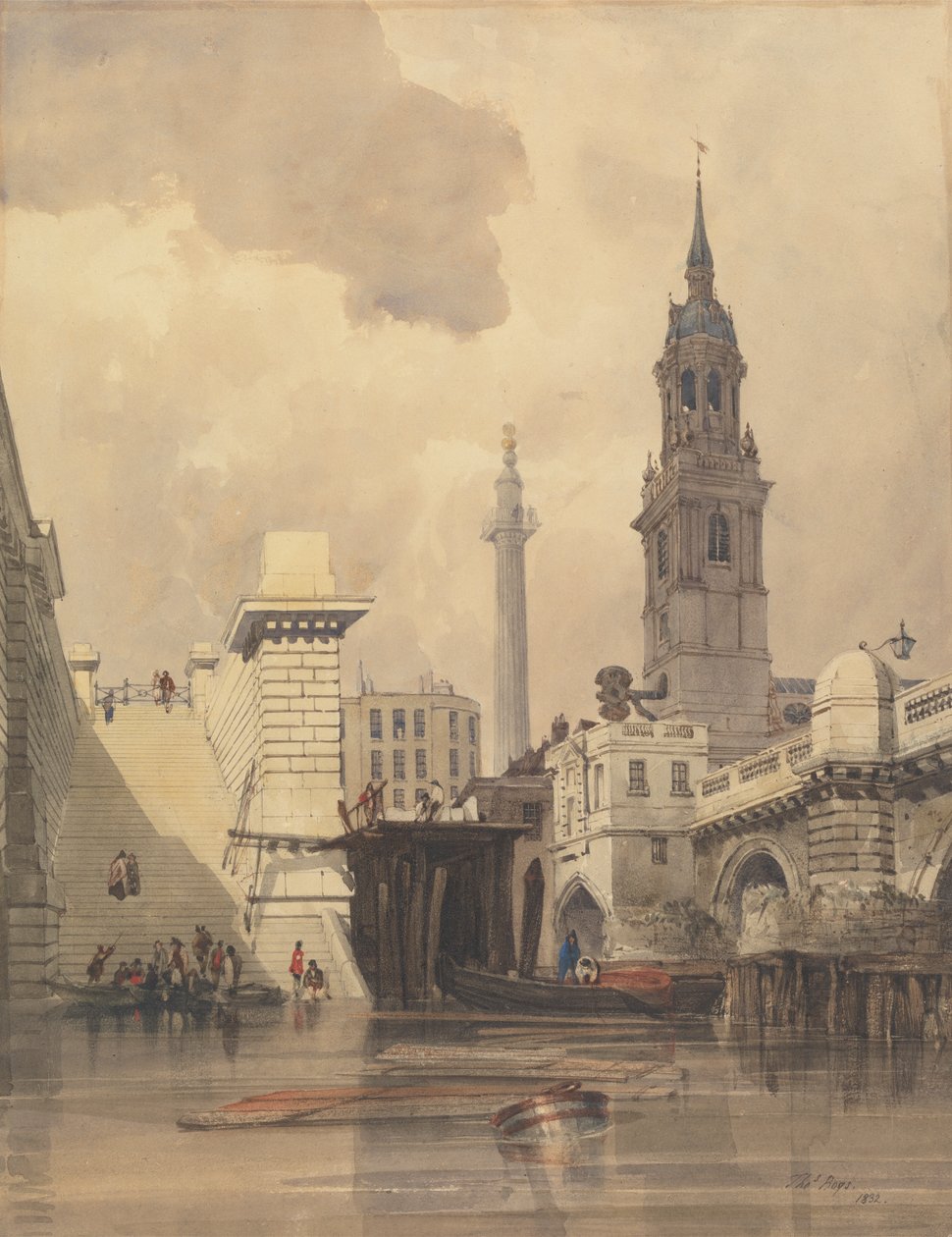 Kyrkan St. Magnus the Martyr, London Bridge, med monumentet i bakgrunden av Thomas Shotter Boys