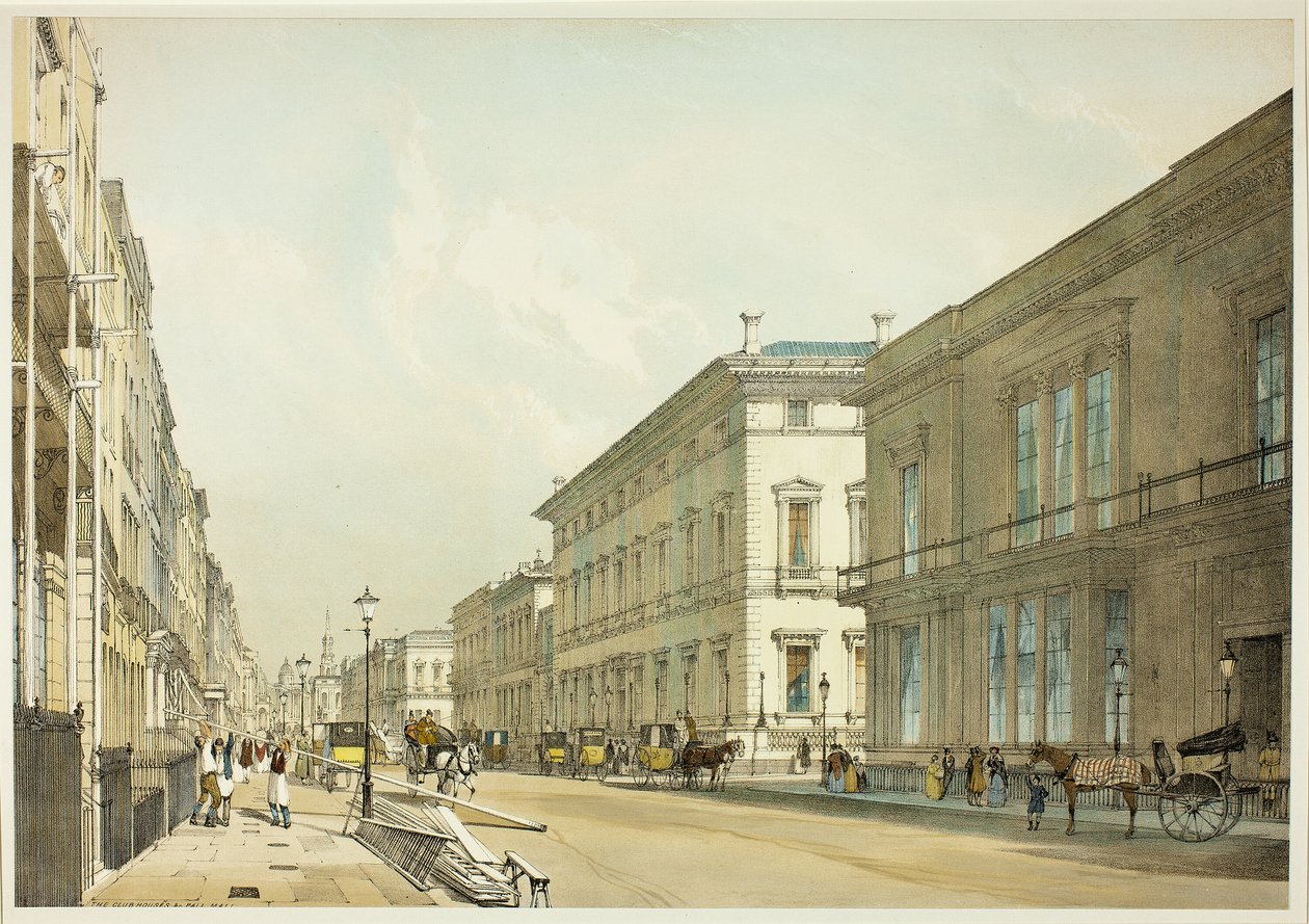 Klubbhusen och Pall Mall, tallrik tretton från Original Views of London as It Is av Thomas Shotter Boys