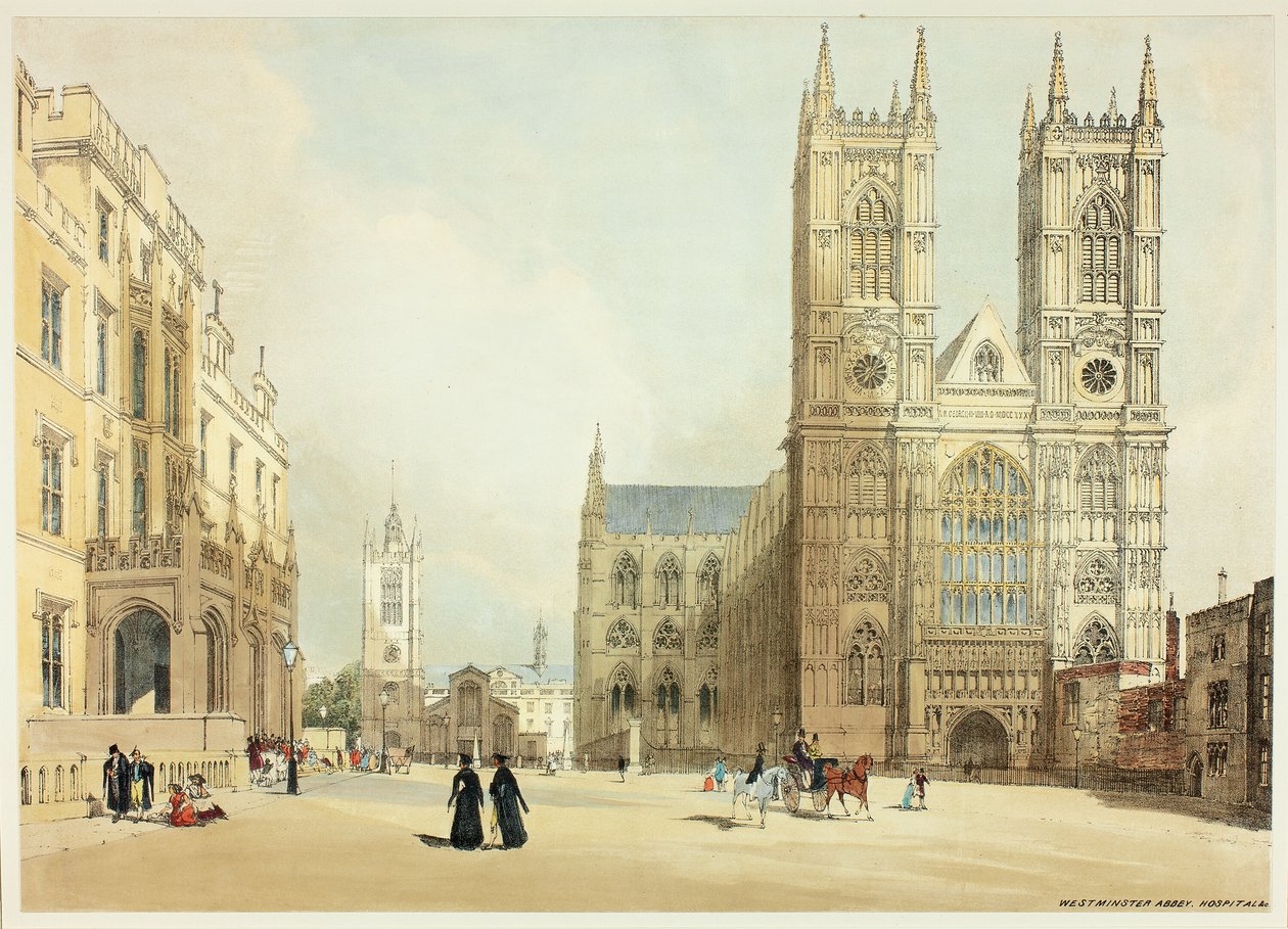 Westminster Abbey, Hospital and Company, skylt sju från Original Views of London as It Is av Thomas Shotter Boys
