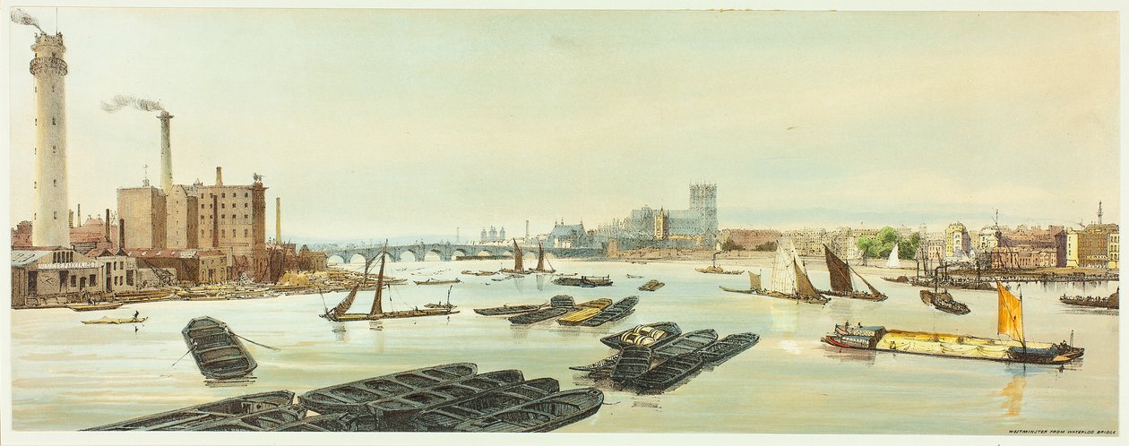 Westminster, från Waterloo Bridge, skylt nitton från Original Views of London as It Is av Thomas Shotter Boys